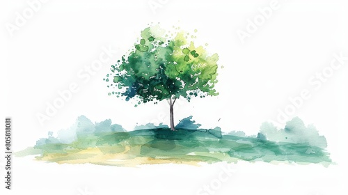 A watercolor painting of a minimalist tree standing alone in a meadow  be nice and soothing  Clipart isolated on white background