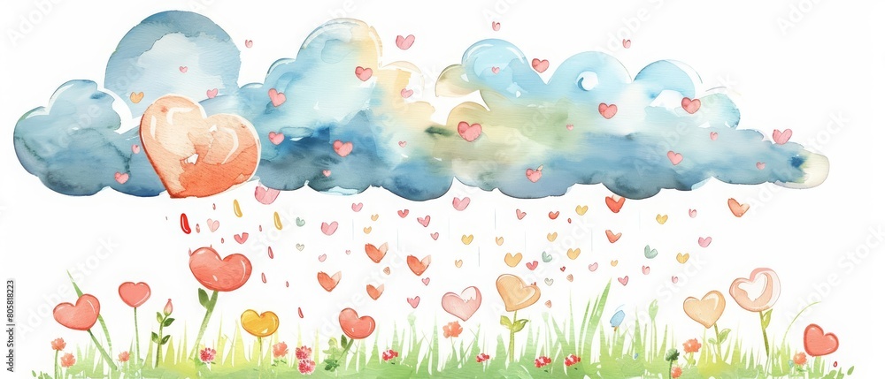 A watercolor painting of a kawaii cloud raining tiny hearts over a field, cute and delightful, Clipart isolated on white background