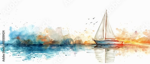 A watercolor painting of a small, minimal sailboat on a calm sea, be friendly in appearance, Clipart isolated on white background