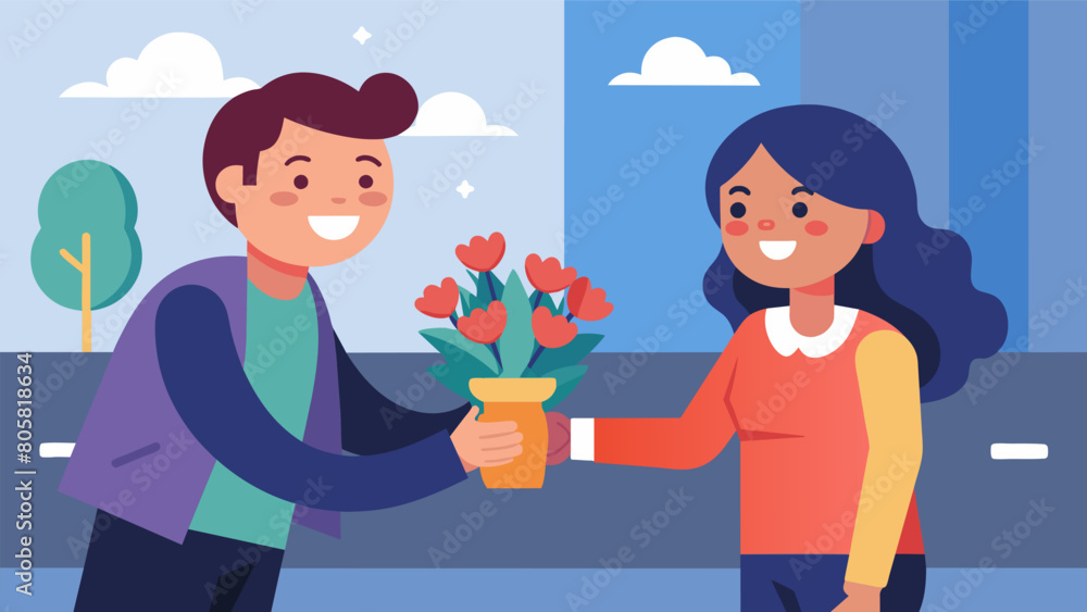 An illustration of a smiling person handing a bouquet of flowers to a stranger on the street with the text Spread love and gentleness wherever you go.. An illustration of a smiling person handing a bouquet of flowers to a stranger on the street with the text Spread love and gentleness wherever you go..