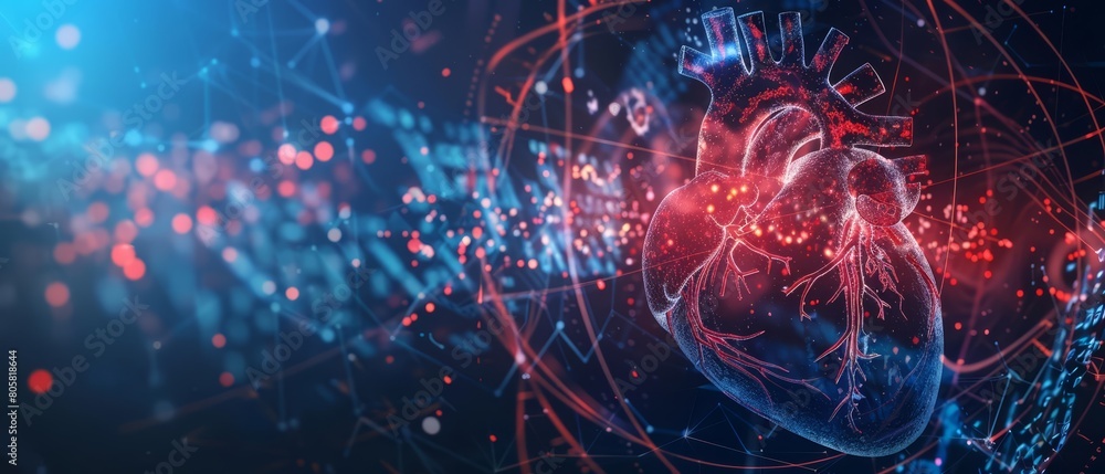 An abstract fusion of a human heart and futuristic medical machinery represents innovative cardiology solutions, Sharpen banner template with copy space on center