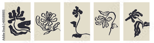 Set of 5 abstract minimalist cards with ink blooms. Monochrome floral posters bundle with black scandinavian flowers.