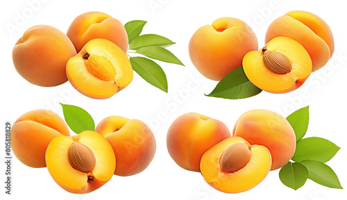 Set of delicious apricots with leaves, cut out