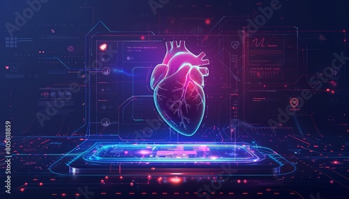 An illustration of futuristic medical research on heart cardiology displays cuttingedge biometrics and diagnosis tools, Sharpen banner template with copy space on center
