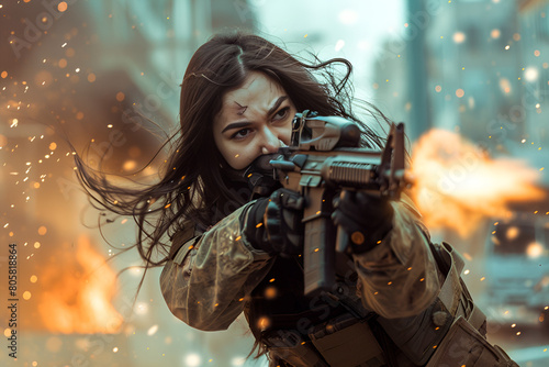  female special forces soldier with long dark hair, wearing a khaki uniform and boots, shooting an assault rifle from behind cover on the roof of a building in Thuntla city, Generative AI