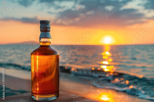 Whiskey bottle on a table with beach, sea, and sun. Generative Ai