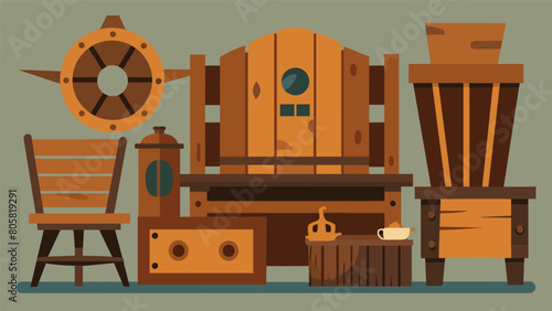 A set of rusticlooking furniture crafted from reclaimed wood and repurposed metal scraps.. Vector illustration