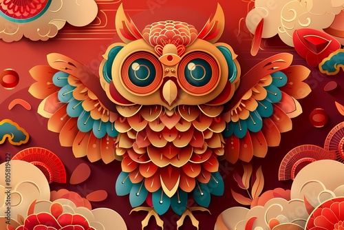 Cute owl in the style of Chinese New Year background with colorful papercut elements and auspicious clouds. Ai generated 