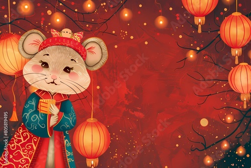 Cute cartoon mouse dressed in traditional red Hanfu  and holding lanterns or couplets stands against an abstract background. Ai generated 