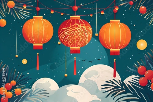 Illustration with a Chinese New Year atmosphere background featuring lanterns and plants hanging from the moon. Ai generated 