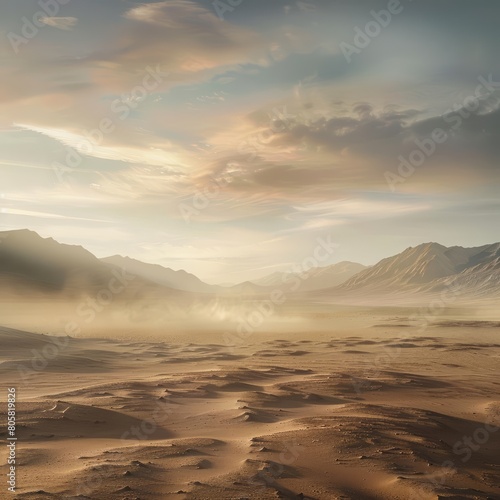 Desert landscape at dawn captures the quiet solitude of expansive sandy terrains, Sharpen banner template with copy space on center