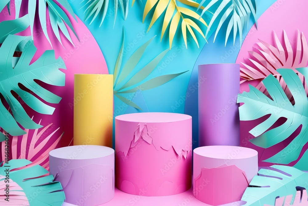 Exotic tropical island stage podiums rise in a colorful paper art style, perfect for showcasing products in a banner with central copy space
