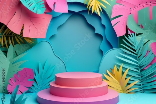 Exotic tropical island stage podiums rise in a colorful paper art style, perfect for showcasing products in a banner with central copy space photo