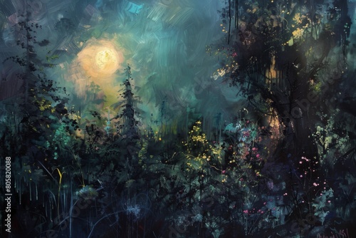 A painting of a forest with a full moon in the sky