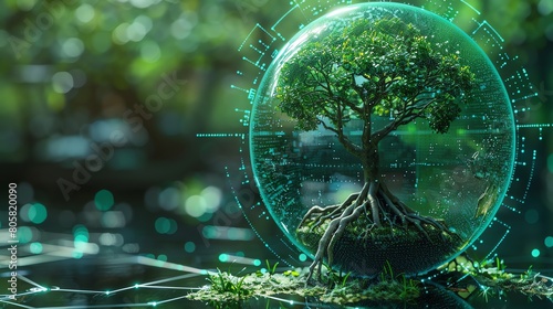 Ecotech globe, closeup, with a lush tree, digital roots intertwining, sustainable world concept #805820090