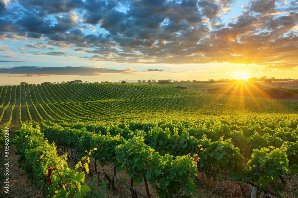 Gorgeous scenic view of a lush vineyard field during a romantic sunset in summer evening