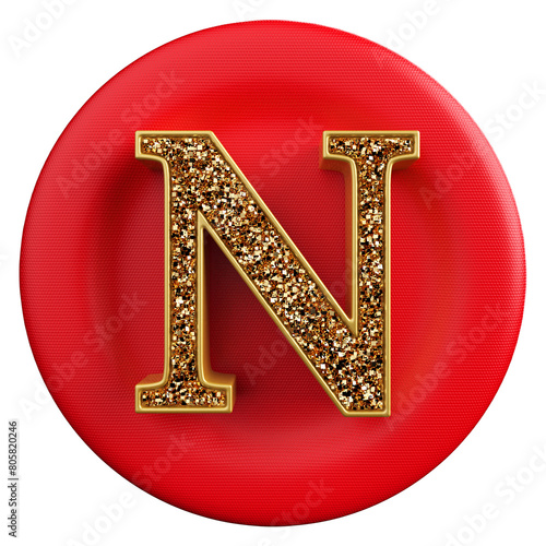 3d font golden glitter with shape round red . Letter N