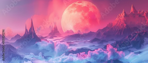 Fantasy alien landscape offers a glimpse into an otherworldly realm of imaginative terrains and skies, Sharpen banner template with copy space on center © Sweettymojidesign