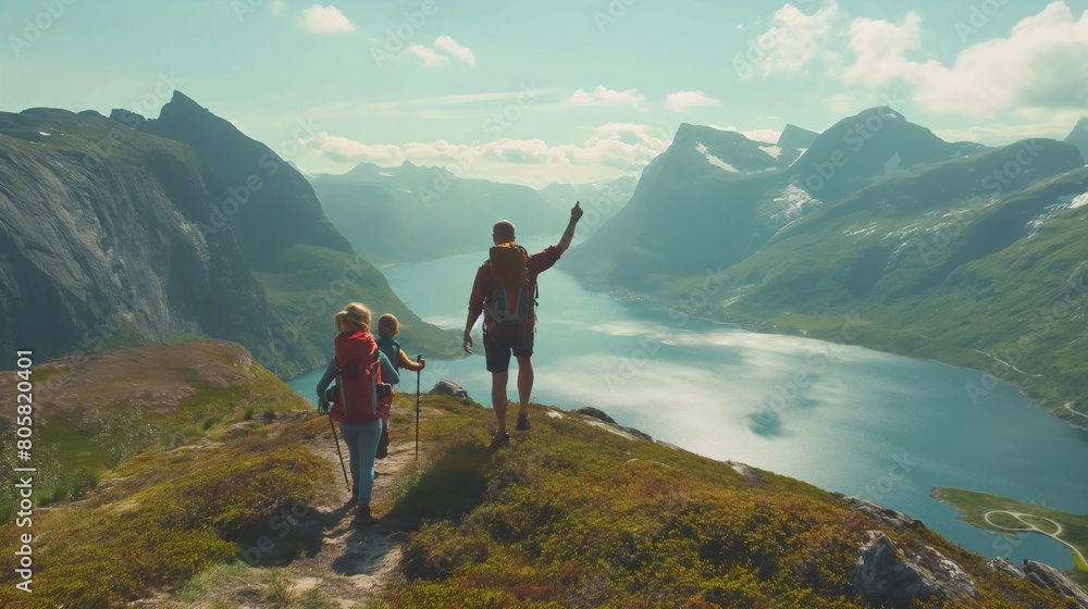 Obraz premium Summit Success: Together, the Family Conquers New Heights, Bonding Amidst Majestic Views