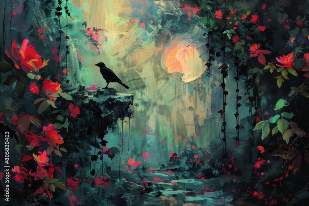 Fototapeta premium A painting of a forest with a bird perched on a rock