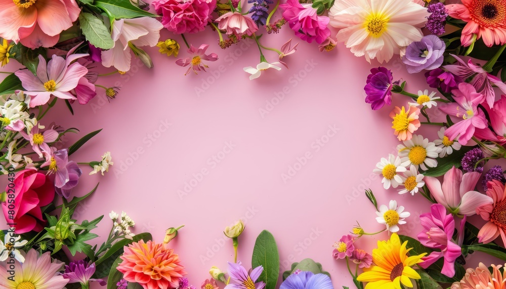 Festive floral frames of bright spring flowers set the scene for a joyful Easter celebration, blank frame template sharpened with large copy space