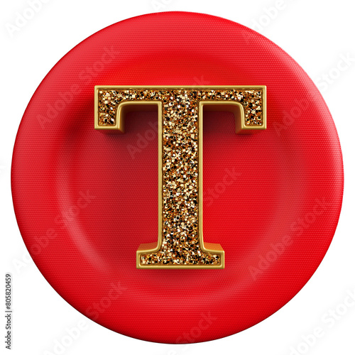 3d font golden glitter with shape round red . Letter T
