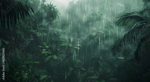 A dense jungle with heavy rain