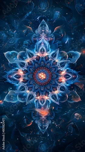 Intricate Digital Mandala Design with Modern Techno Twist Cosmic and Ethereal Fractal Pattern