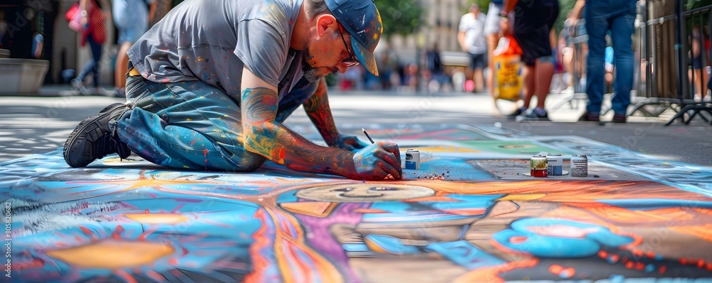 Fototapeta premium Talented Chalk Creating Mesmerizing 3D Illusion Art on City Sidewalk