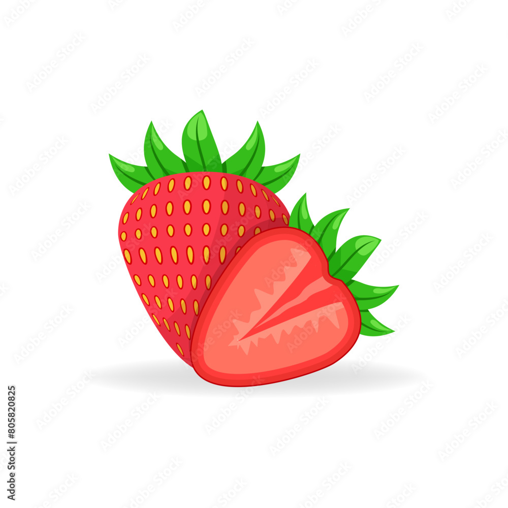 Strawberry illustration. Berry whole and cut. Flat vector illustration in cartoon style isolated on white background