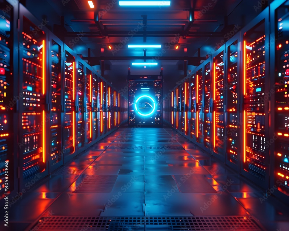 Glowing Cryptocurrency Mining Racks in Futuristic Digital Data Center Glowing Cryptocurrency Mining Racks in Futuristic Digital Data Center