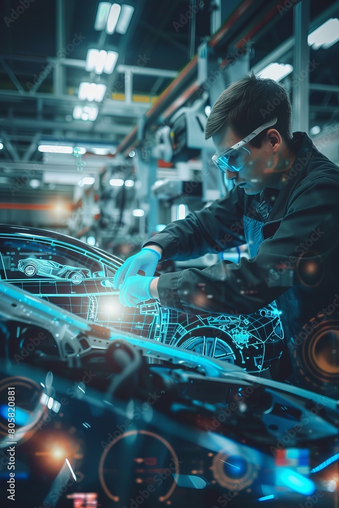 Automotive engineer at futuristic assembly line using advanced technology for car manufacturing
