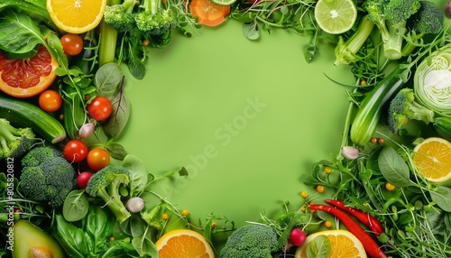 Healthy vegan vegetarian food presented as an art, creative food flat lay banner, with solid background and copy space on center for advertise