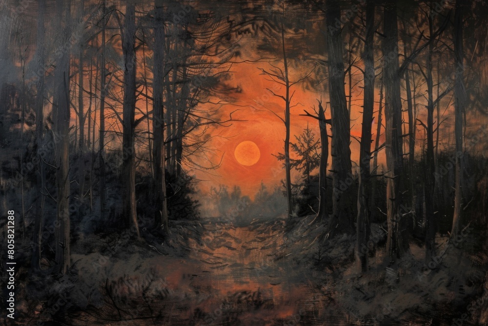A painting of a forest with a large orange sun in the sky