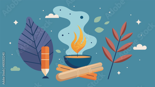 The aroma of burning sage and palo santo fills the air adding to the overall sense of zen and purification.. Vector illustration