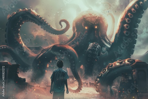 A boy stands in front of a giant octopus photo