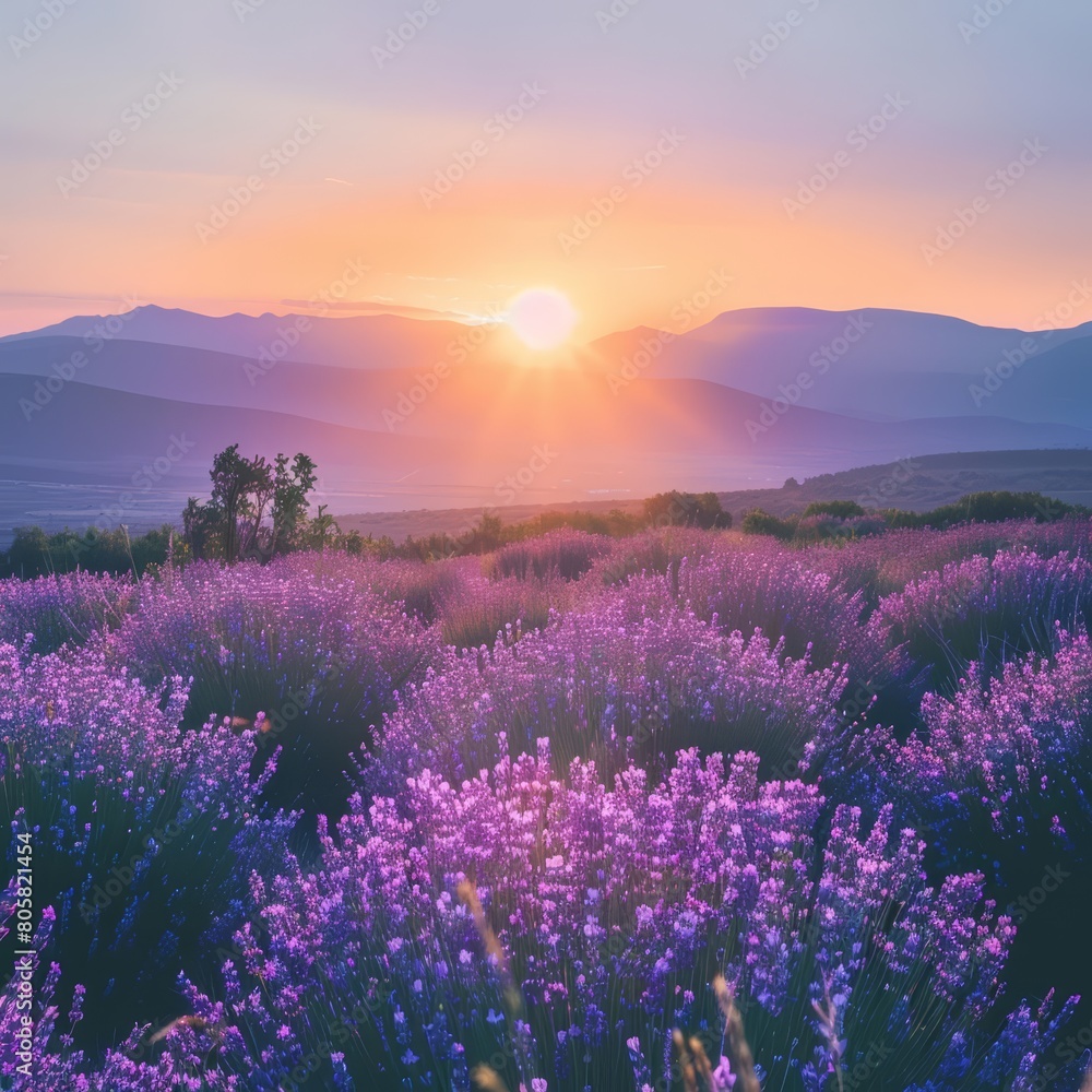 Lavender field on hills under a calming sunset offers a soothing view that calms the mind, Sharpen banner template with copy space on center