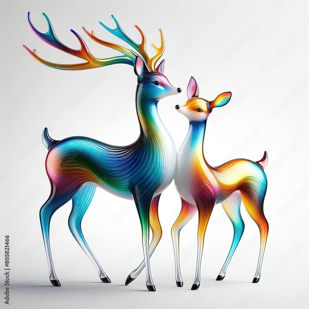 Obraz premium A stunning blown glass sculpture of a playful, couple deer with seamlessly blended rainbow colors, white background