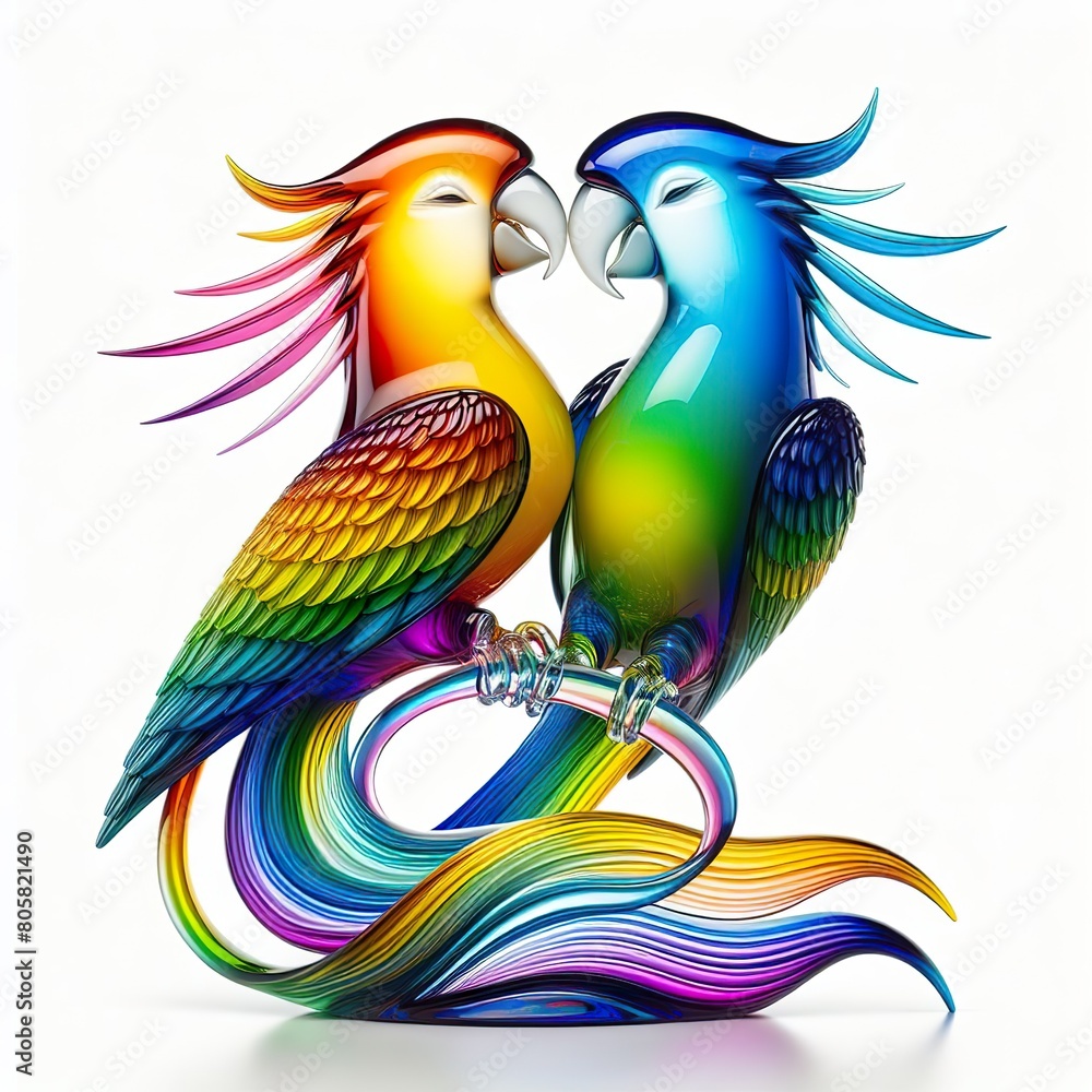 Obraz premium A stunning blown glass sculpture of a playful, couple parrot with seamlessly blended rainbow colors, white background