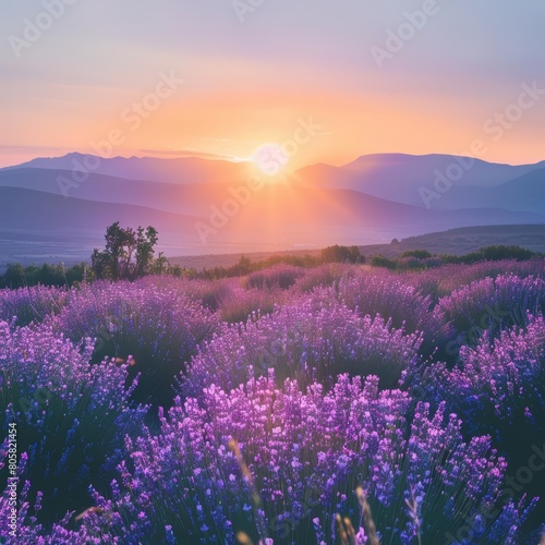 Lavender field on hills under a calming sunset offers a soothing view that calms the mind  Sharpen banner template with copy space on center