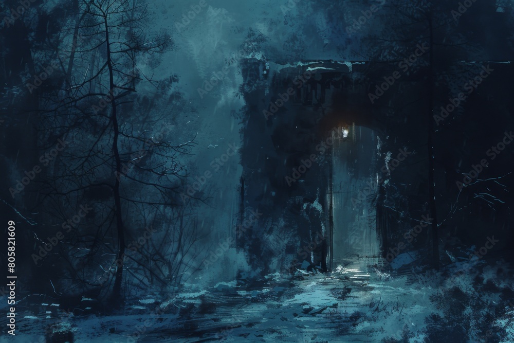 A dark forest with a door in the middle