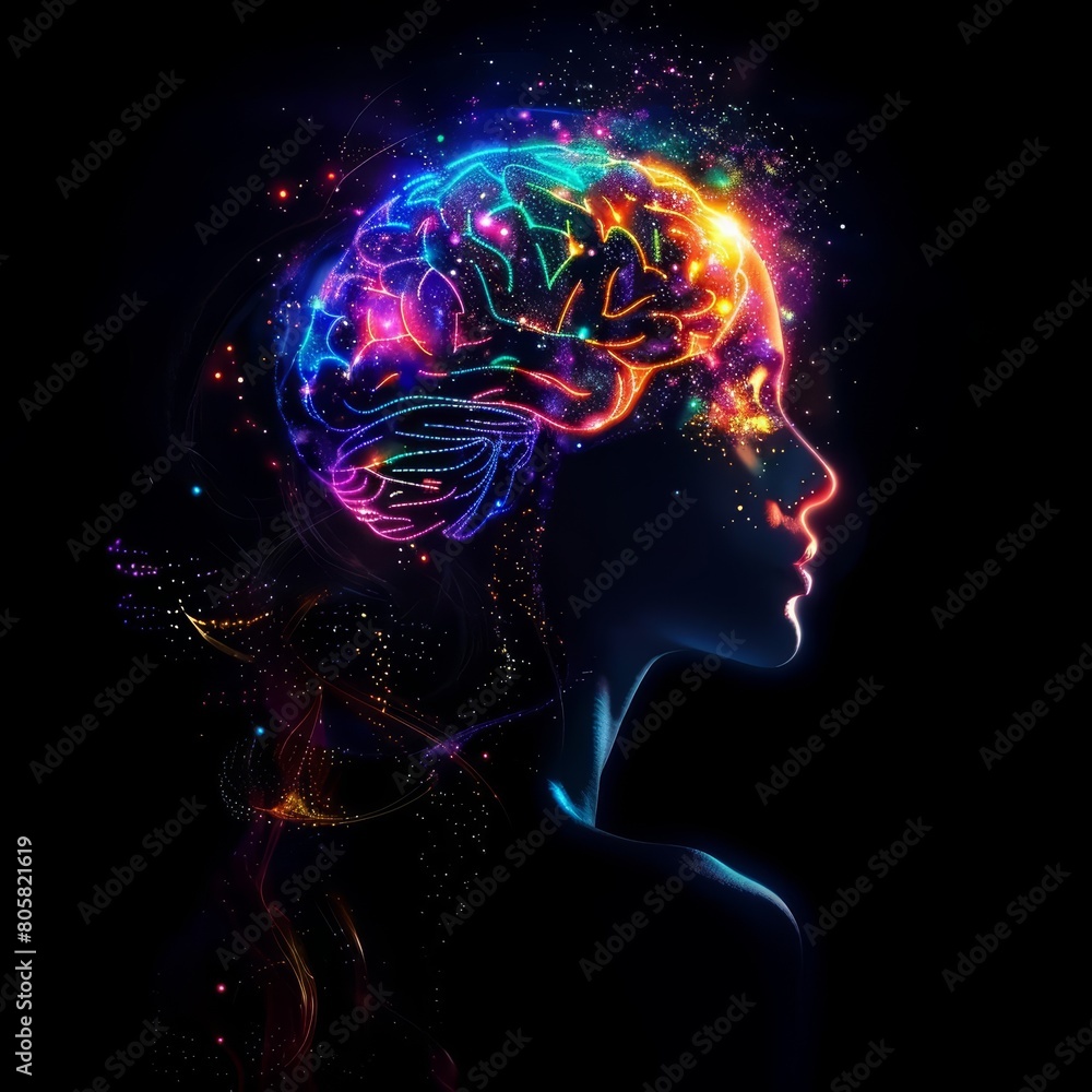 Marvel at a profile of a woman with a glowing brain illustration, symbolizing the fusion of beauty and intellect, Sharpen banner template with copy space on center Marvel at a profile of a woman with a glowing brain illustration, symbolizing the fusion of beauty and intellect, Sharpen banner template with copy space on center