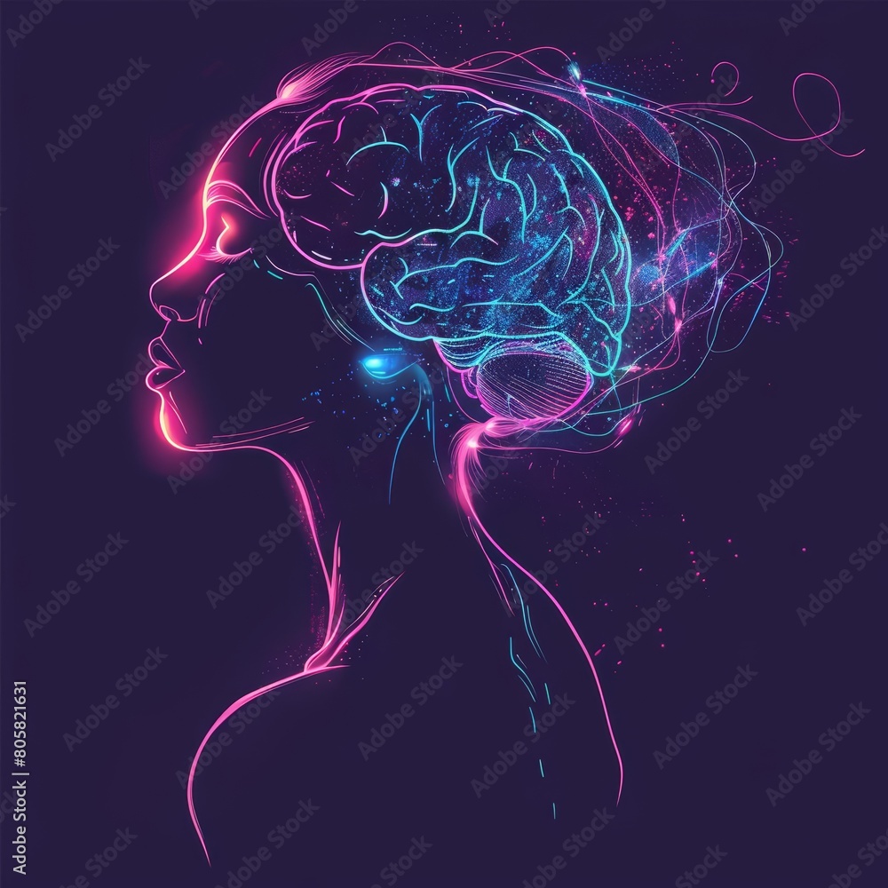 Marvel at a profile of a woman with a glowing brain illustration, symbolizing the fusion of beauty and intellect, Sharpen banner template with copy space on center Marvel at a profile of a woman with a glowing brain illustration, symbolizing the fusion of beauty and intellect, Sharpen banner template with copy space on center