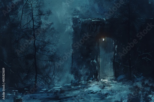 A dark forest with a door in the middle