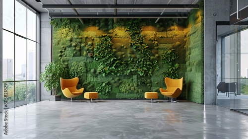 modern office spaces of green environments with planted walls create a refreshing atmosphere. Ample text copy space for customization #805821829