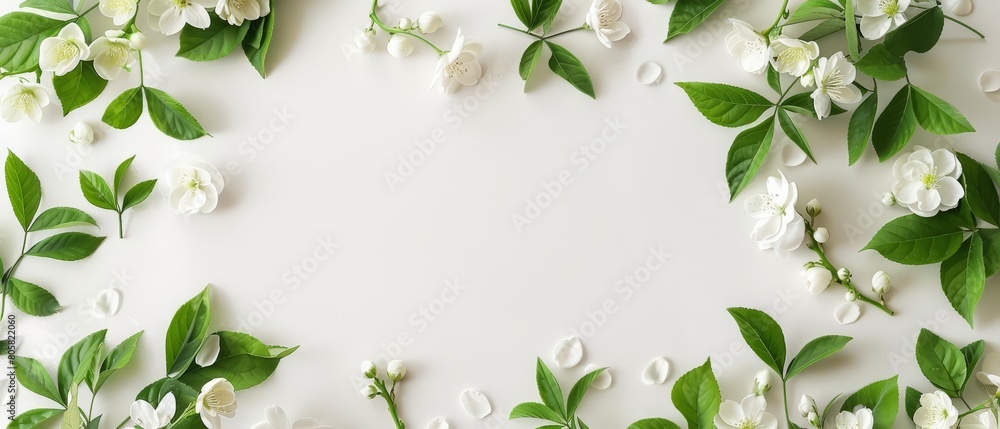 Soft floral decor and fresh green leaves create a serene setting for a spa or wellness center, blank frame template sharpened with large copy space