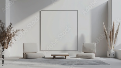 3d render of a white room with two chairs and a table in front of a blank frame