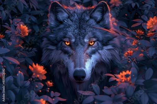 digital representation of Fenrir, the mythical wolf, surrounded by lush plants photo