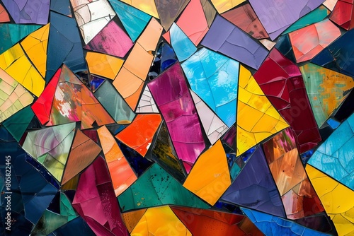 A collage of angular shapes in bright colors, resembling shattered glass or stainedglass windows