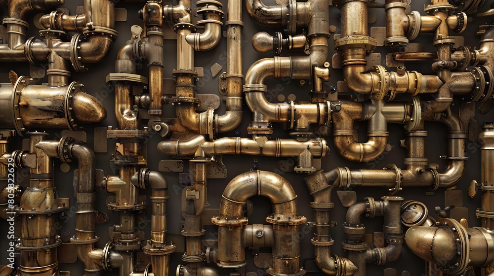 A collection of brass pipes twisted and bent into intricate shapes, creating a mazelike pattern A collection of brass pipes twisted and bent into intricate shapes, creating a mazelike pattern